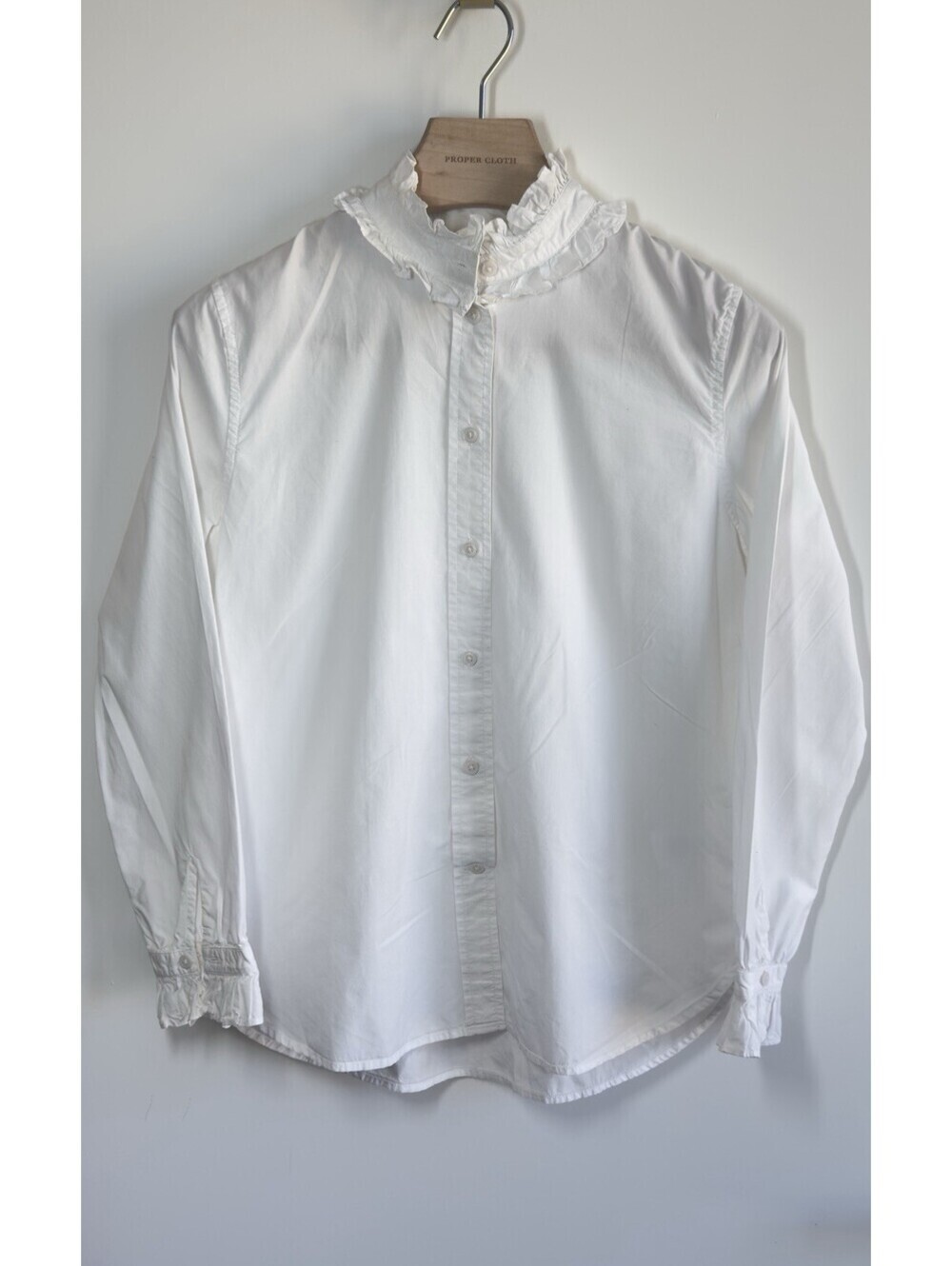 J Crew Classic Fit Ruffle Collar Shirt White Cotton Button Blouse Size 8
